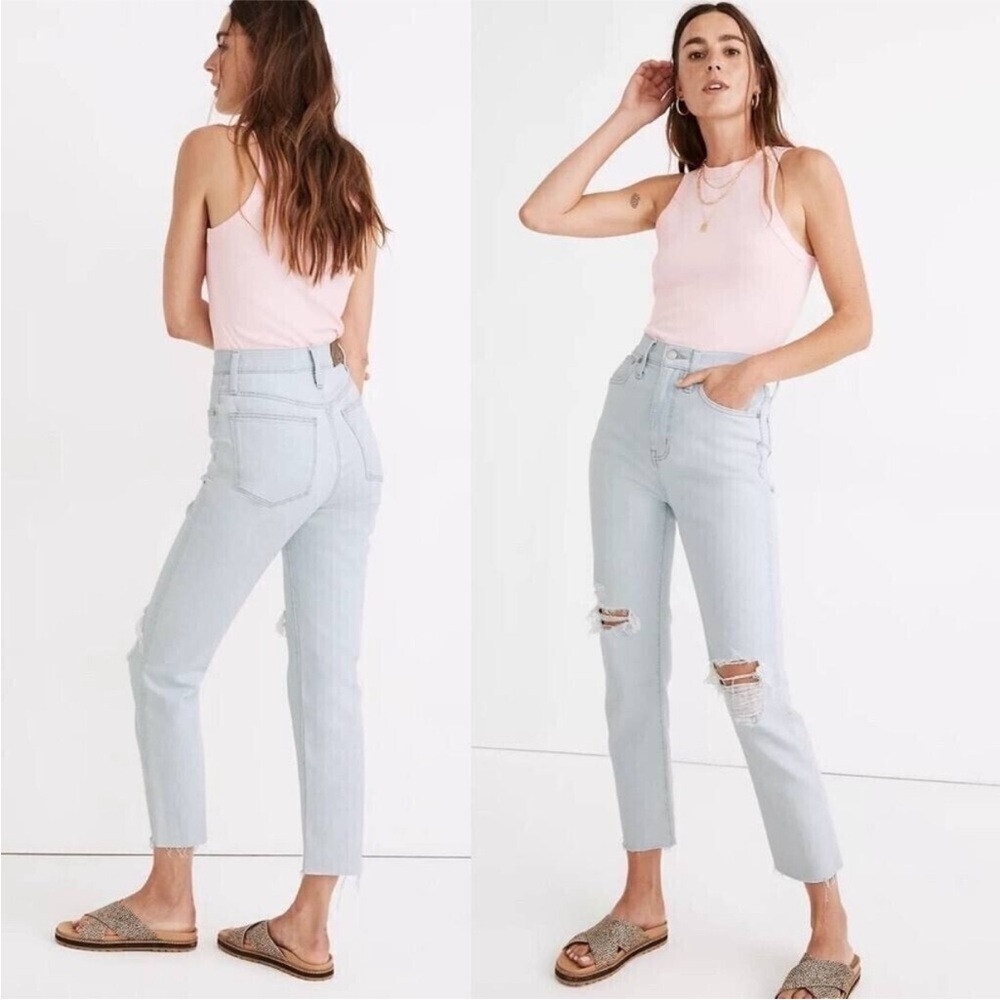 MADEWELL light wash distressed mom jean